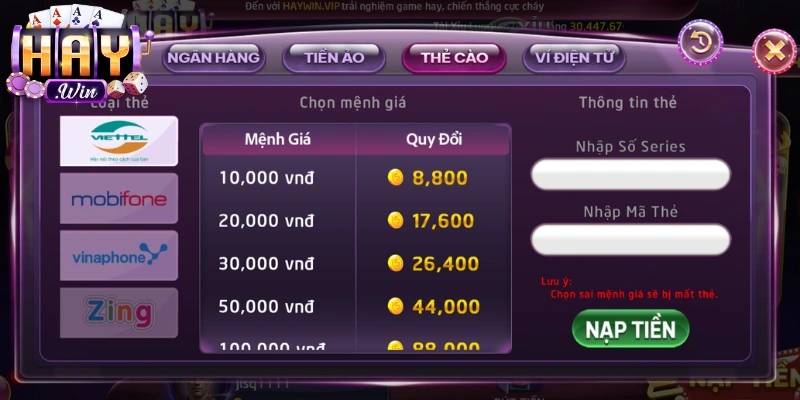 Hình thức nạp tiền Haywin qua thẻ cào tiện lợi