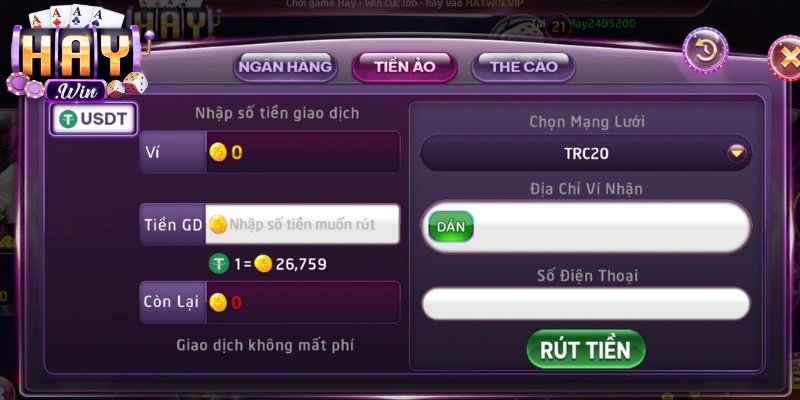 Rút tiền Haywin dễ dàng với tiền ảo